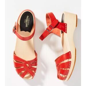 Swedish Hasbeens Debutant Clog sandals Red Leather peep toe Wooden Boho Sz 36
